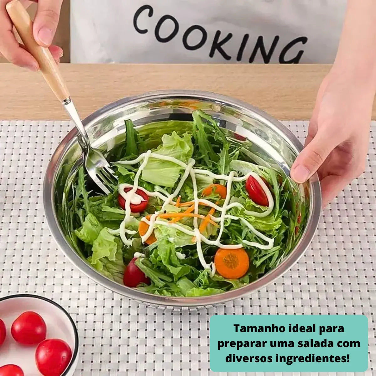 Kit 3 Tigelas Bowl Inox — uso com salada