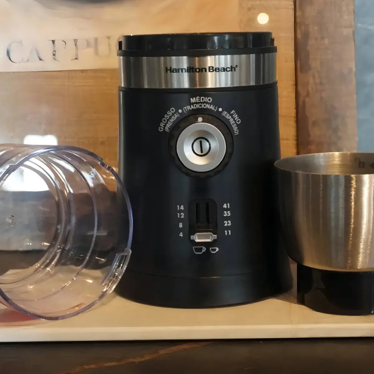 Moedor de Café Hamilton Beach — detalhe controles e granulação