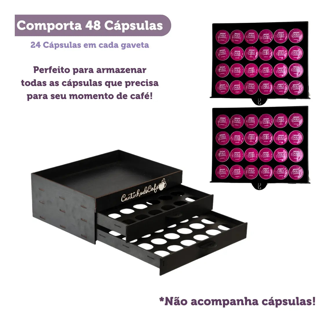 Porta cápsulas MDF vista lateral com cápsulas