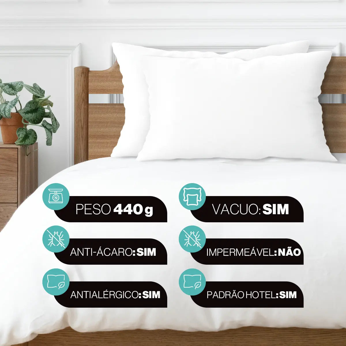 Kit 2 Travesseiros Oaktex — especificações: anti-ácaro, antialérgico, 440g