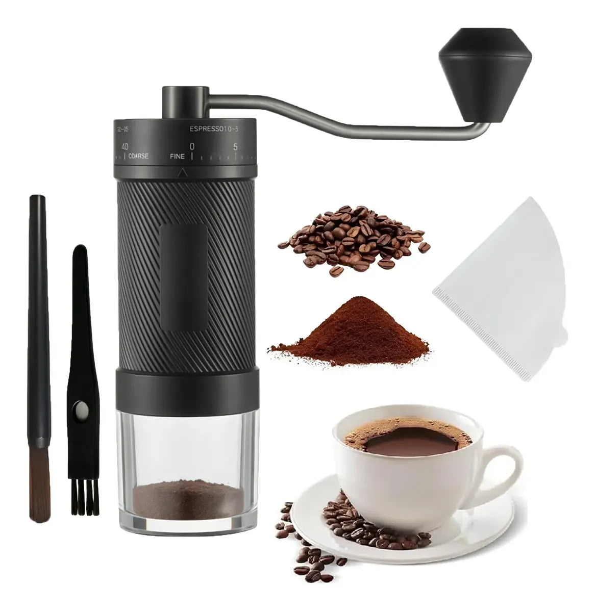 Moedor de Café Manual 40 Níveis — foto principal com acessórios