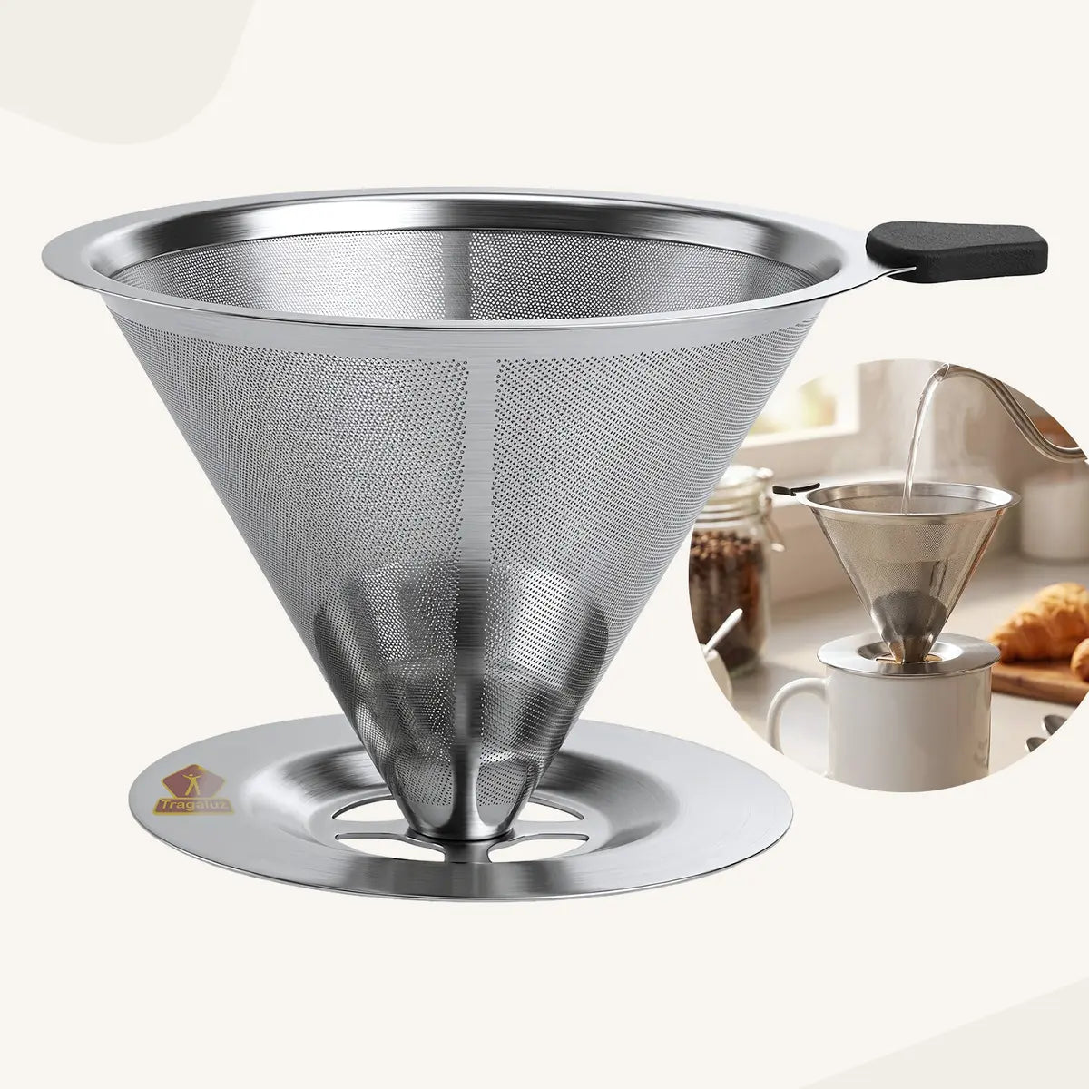 Coador de café inox reutilizável malha fina vista frontal