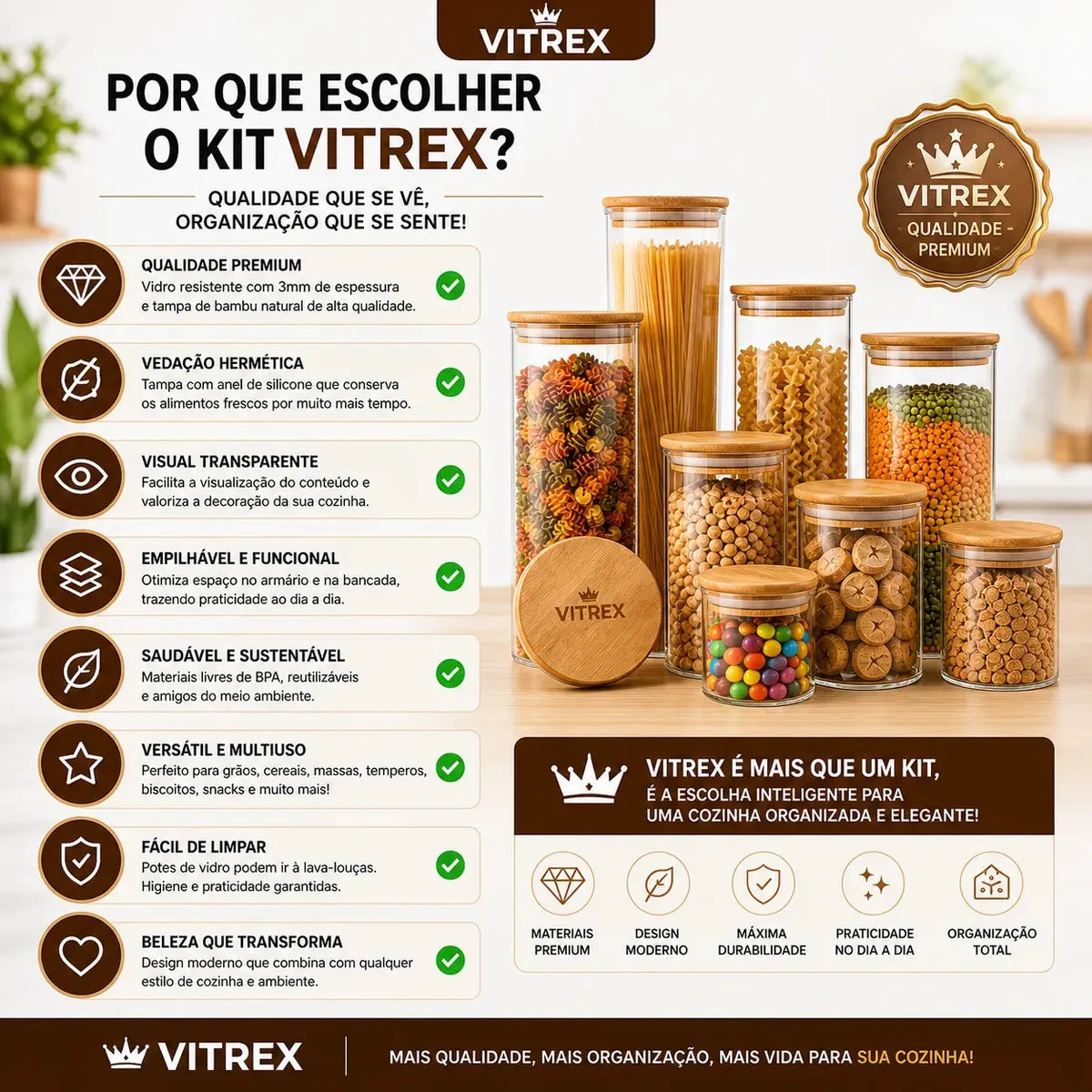 Potes de vidro premium com tampa de bambu natural