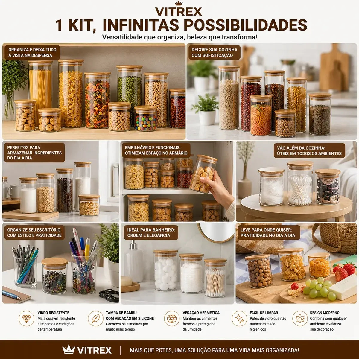 Kit potes vidro hermético com bambu vista lateral