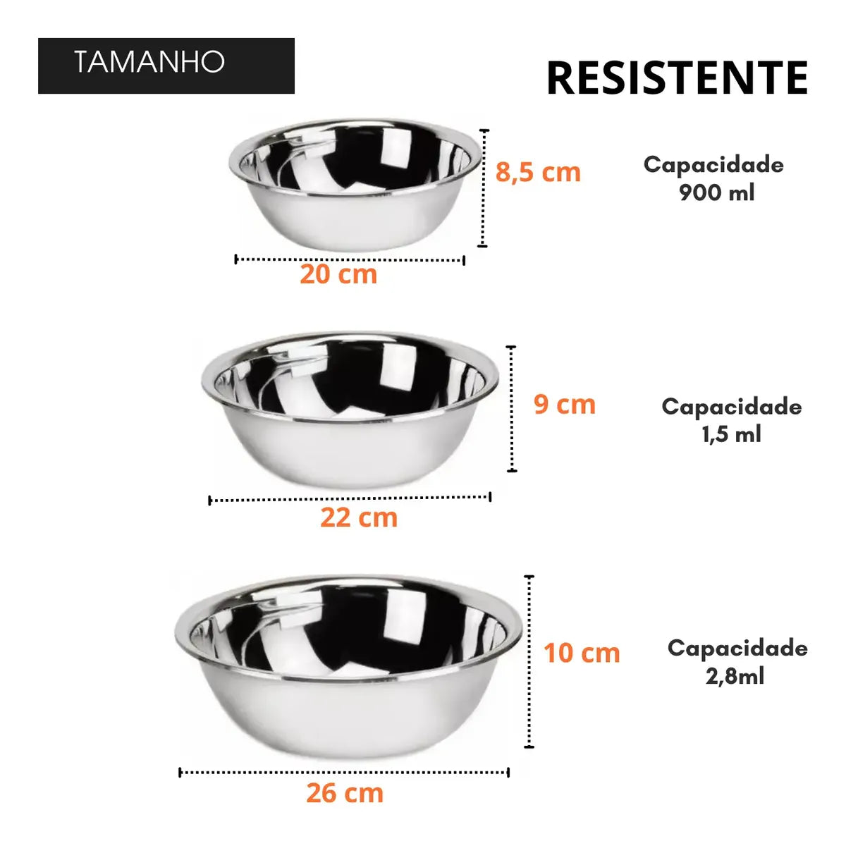 Kit 3 Tigelas Bowl Inox — dimensões e capacidade