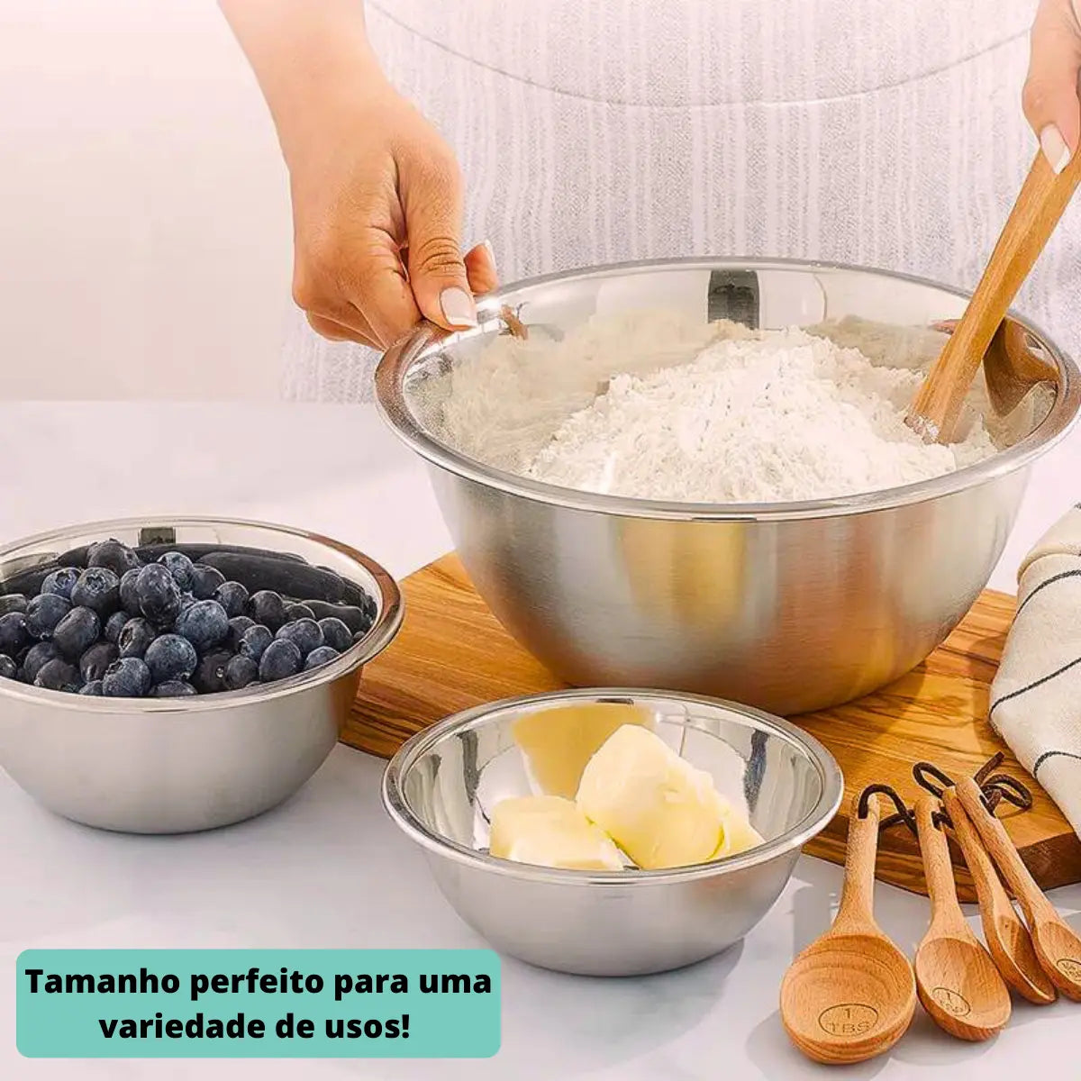 Kit 3 Tigelas Bowl Inox — uso na cozinha