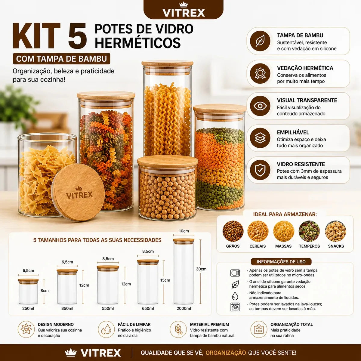 Kit 5 potes de vidro herméticos com tampa de bambu