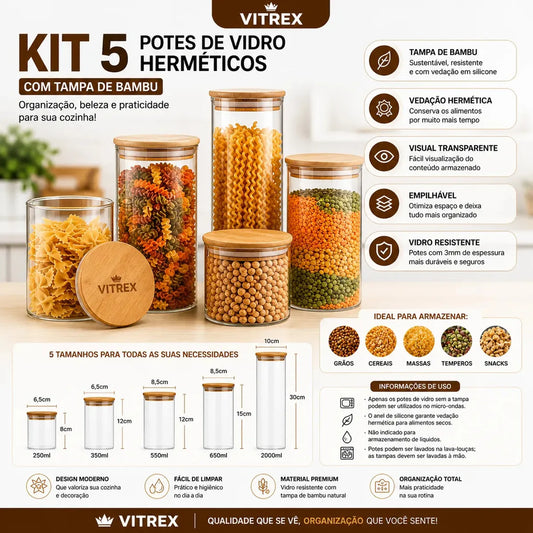 Kit 5 potes de vidro herméticos com tampa de bambu